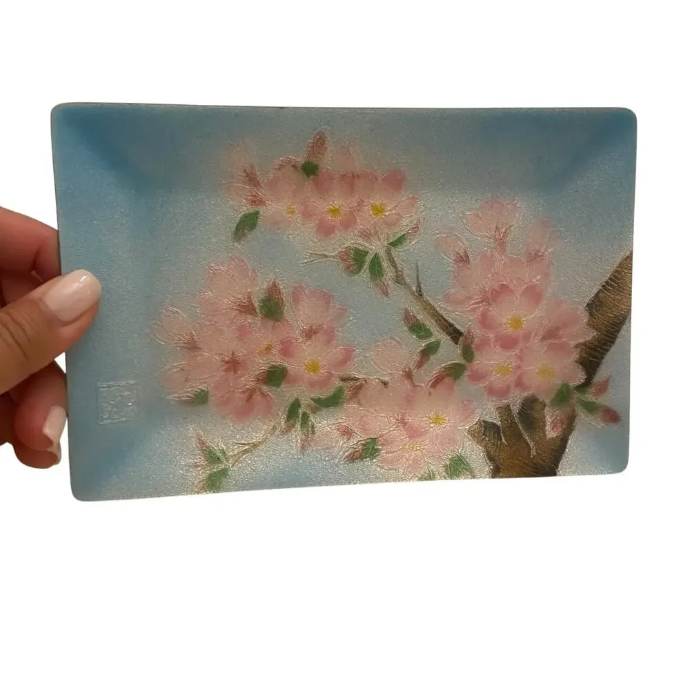 RARE Shippo Japanese Kishiro Cloisonne Enameled Tray Cherry Blosssoms Trinket